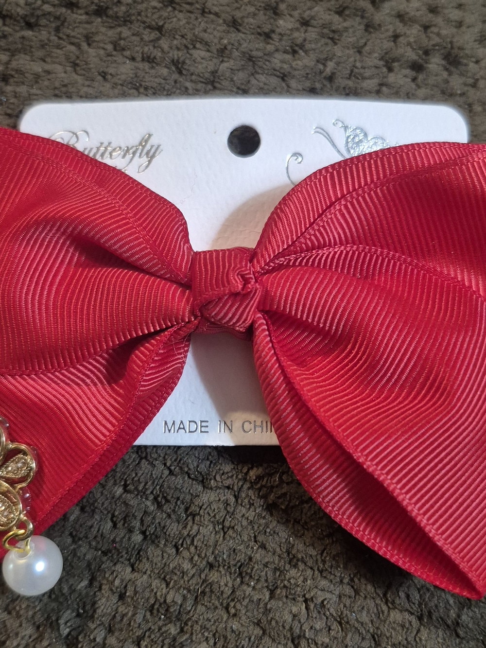 Butterfly Hot Pink Grosgrain Bow Clip with Pearl Charm